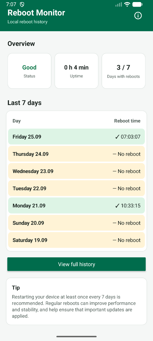RebootMonitor dashboard showing current uptime, last reboot and the reboots of the last 7 days