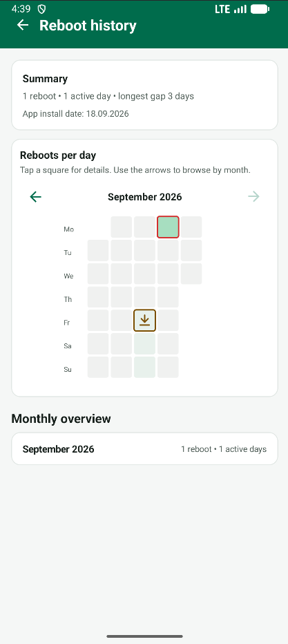 RebootMonitor reboot history with monthly calendar heatmap and monthly overview